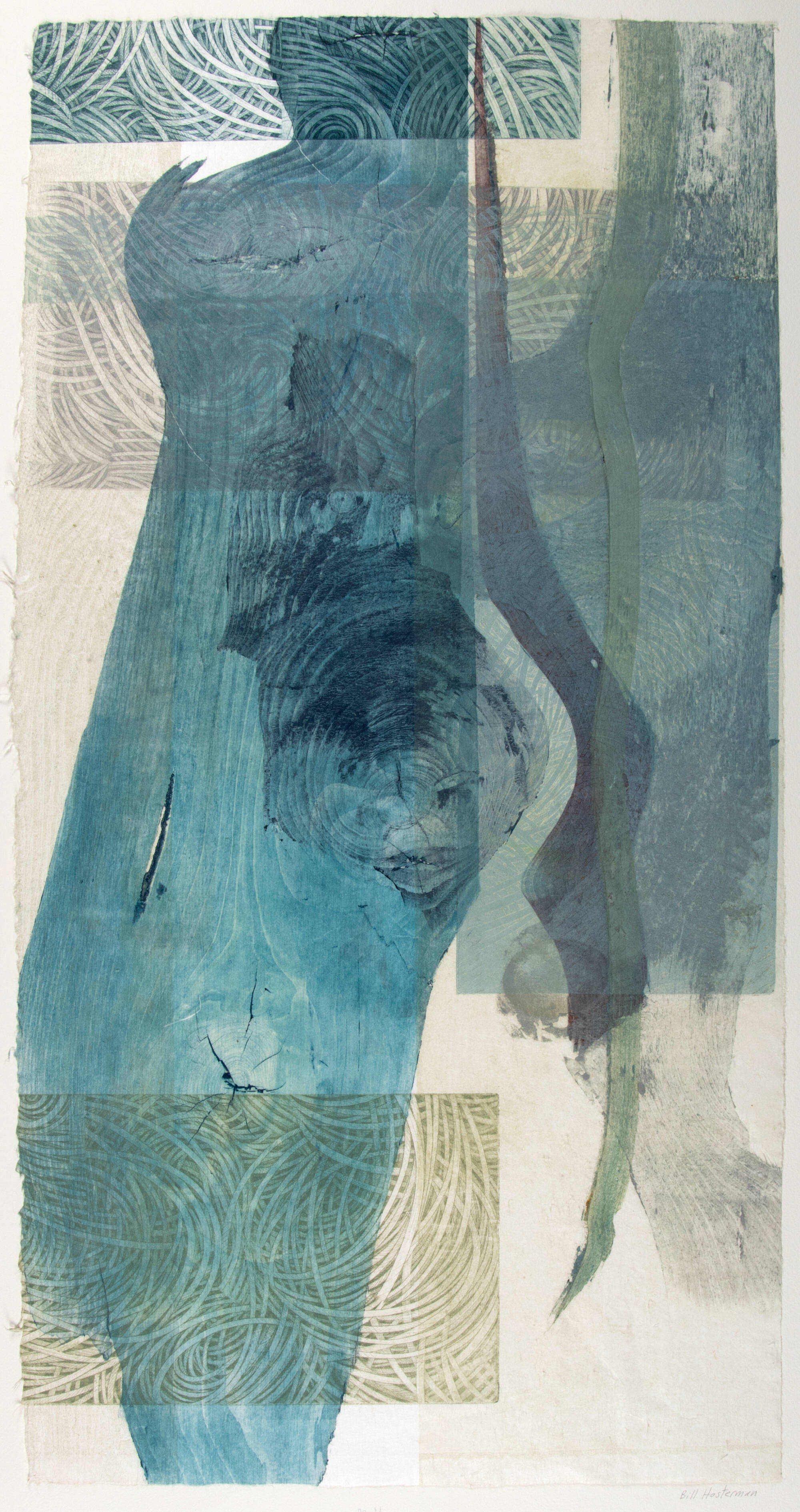 Wood print with blue and green colors. The background is white.